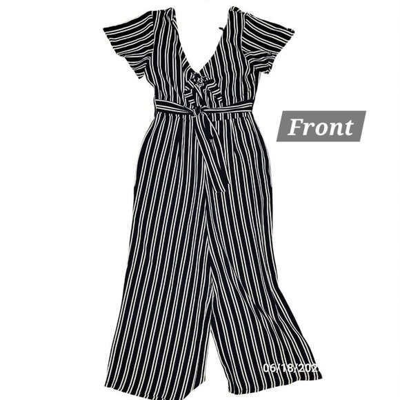 Crystal Sky Jumpsuit Navy White Stripe Boating Beach Travel Belt Cap Sleeve Sz 3 - Picture 2 of 5